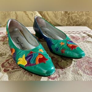 Vintage Margaret Jerrold Shoes Leather Kitten Heel Colorful Fish Green Size 6.5